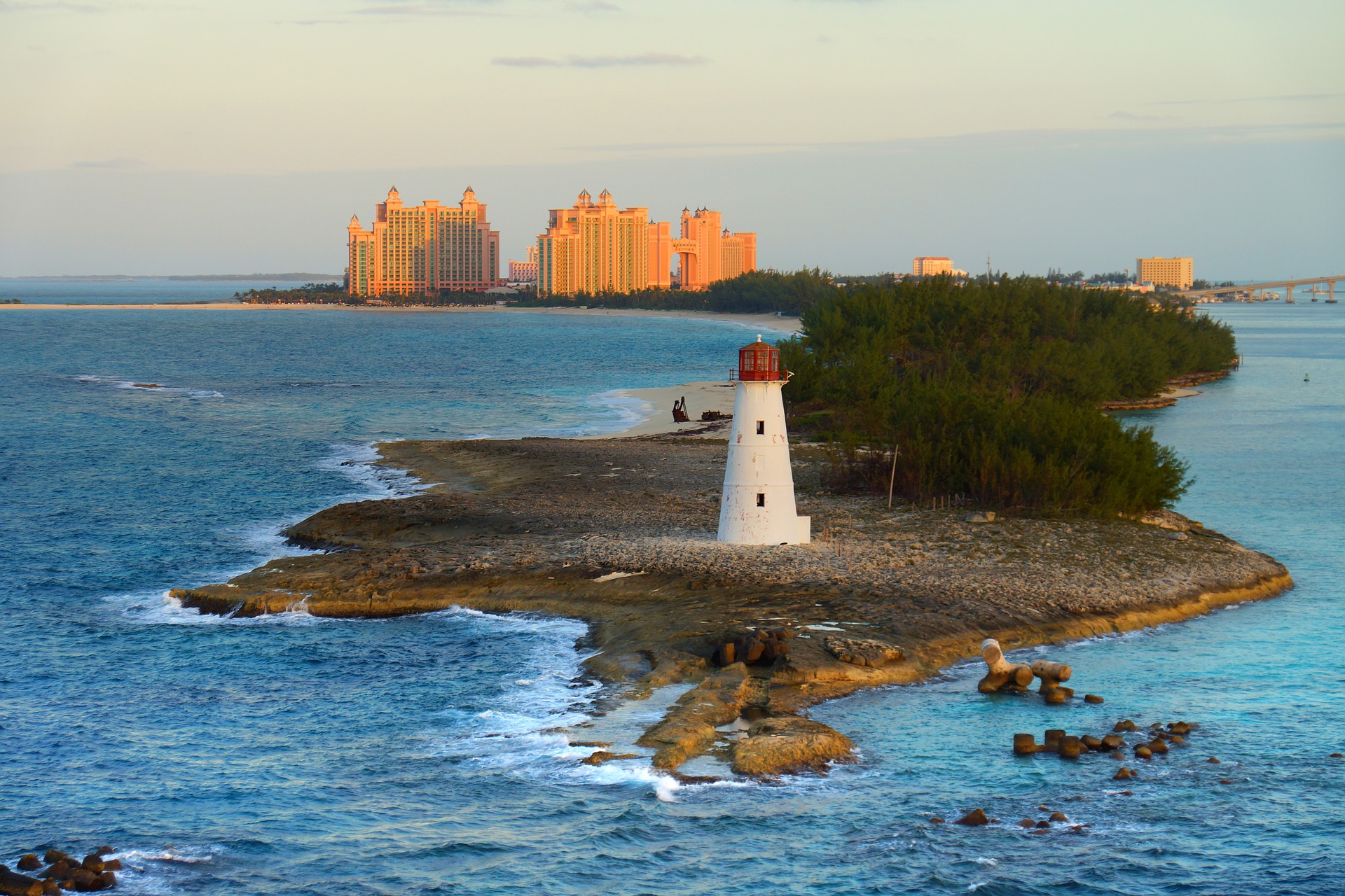 Lighthouse with Atlantis in the background taken in the Bahamas