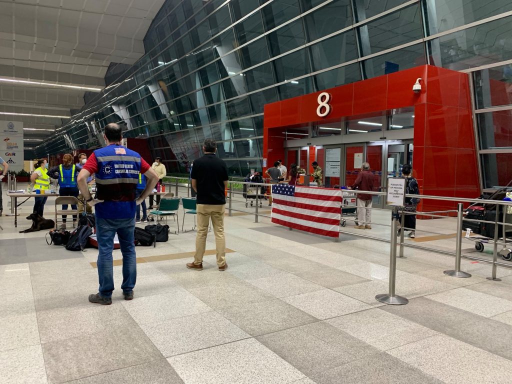 "The closed Delhi airport the night of my evac flight and the U.S. Embassy table and that beautiful American flag awaited everyone who had such a journey to get there. It was an amazing moment knowing I was now safe. Escape from India " Photo: Anietra Hamper