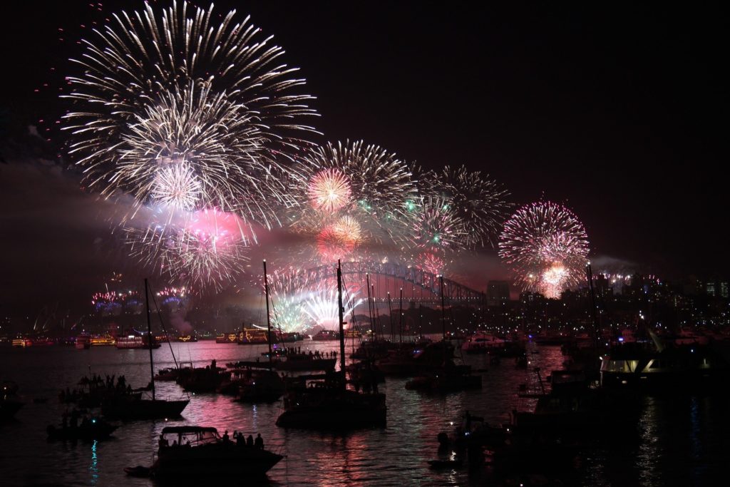Sydney Harbor bridge with New Years Eve fireworks