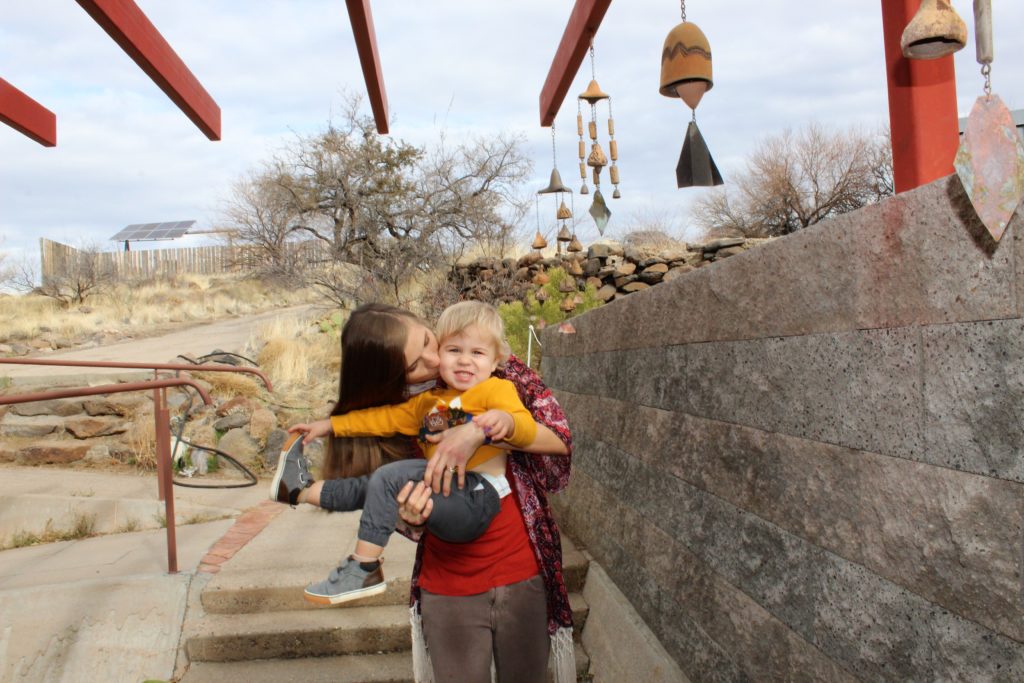 Arcosanti Author and son with Arcosanti wind bells