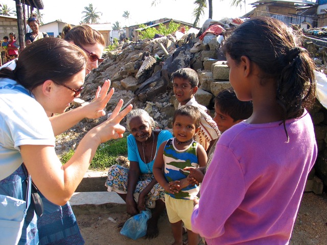 Volunteers teaching numbers in a Sri Lankan tsunami camp. Photo: Julie Hatfield