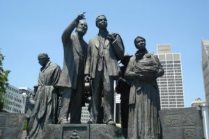 Statue honoring the underground railroad along the Riverwalk in Detroit.