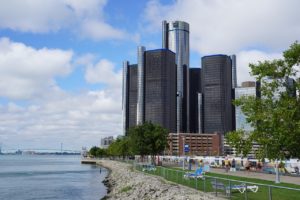View of the Renaissance and Detroit Riverwalk.