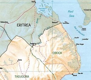 Shaded relief map of Djibouti, original from 1991, with the border between Ethiopia and Eritrea added in 2006.