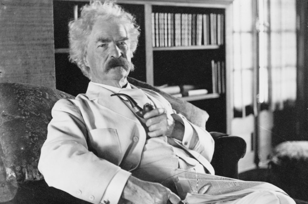 Portrait of American literary icon Mark Twain.
