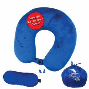 Soft and washable travel pillow set includes eye mask and ear plugs.