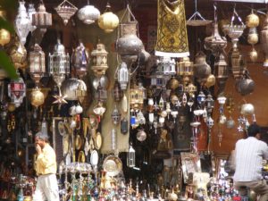 Lamps beautifully displayed in a souk within the Marrakech medina.