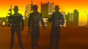 Graphic of gangsters with urban skyline