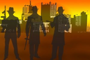 Graphic of gangsters with urban skyline