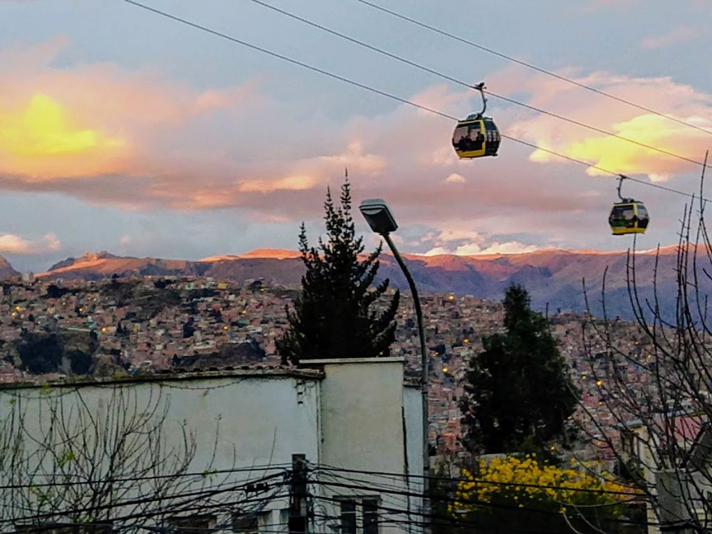 Photo credit: Renee Alexander / The Teleferica in La Paz is a Swiss-made gondola system that whisks passengers across the city, above the traffic-clogged streets.