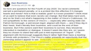 Quote from Dan Rodricks abour racists comment during July 4th 2020