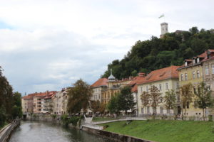 Ljubljana river walk with castle in background. Photo: Trixie Pacis