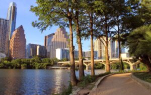 Austin skyline and river bank