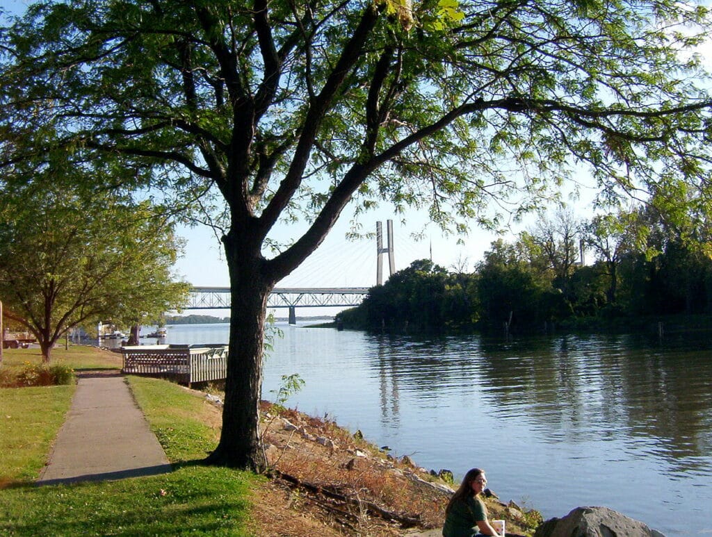 Taken from a riverfront park on the east bank of the Mississippi River in Quincy, Illinois. U.S. Highway 24 is routed along the bridge in the background.