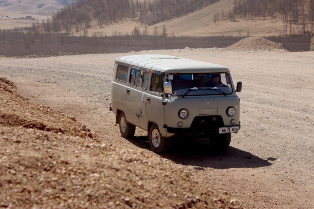 Author driving a VW van across the desert of Mongolia. Photo: Thomas Später 
