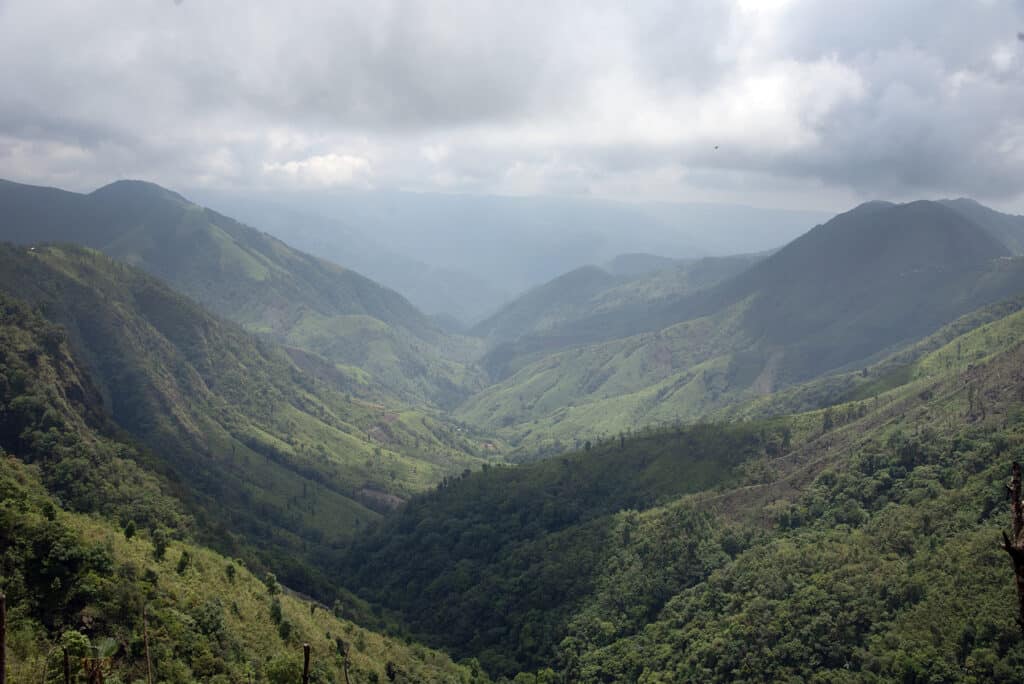 The lush green terrain of the Khasi Hills