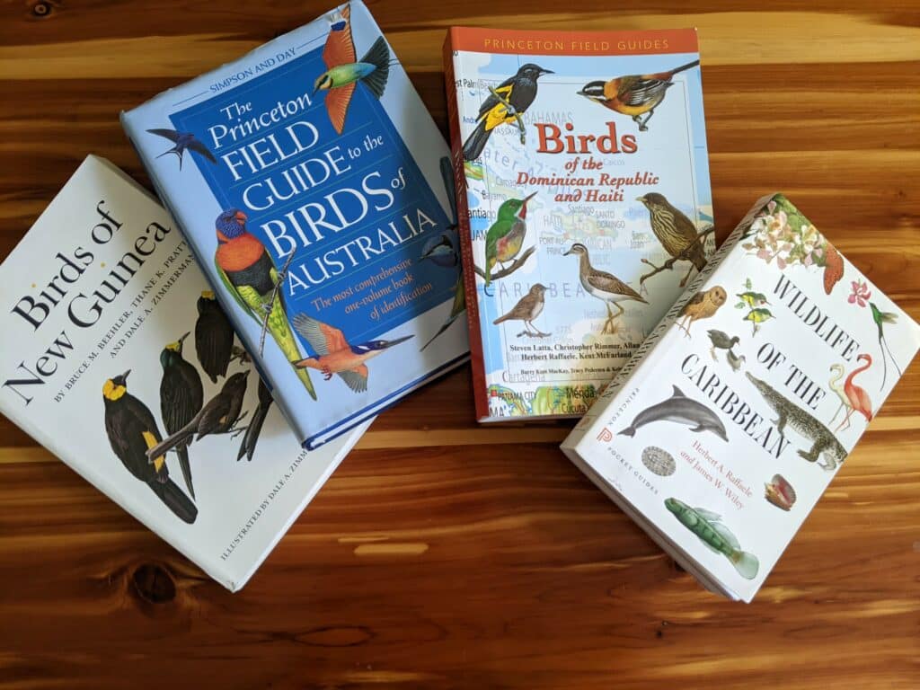Field guides from around the world. Books on Birdwatching Photo: Cara Siera