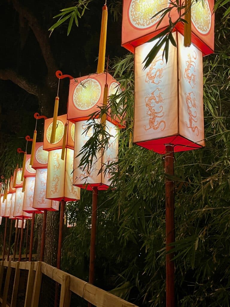 Lanterns with tassels line bamboo boardwalk. Photo: Kirsten Harrington