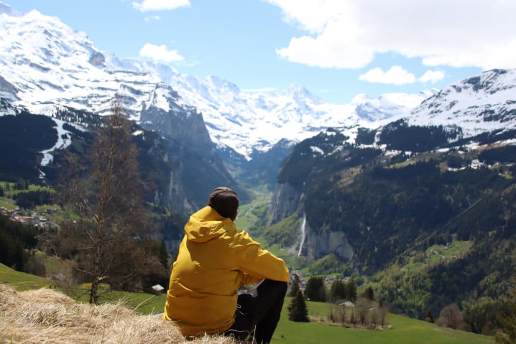 Author enjoying the view of Lauterbrunnen Valley from the hiking trail towards Leithorn Viewpoint.