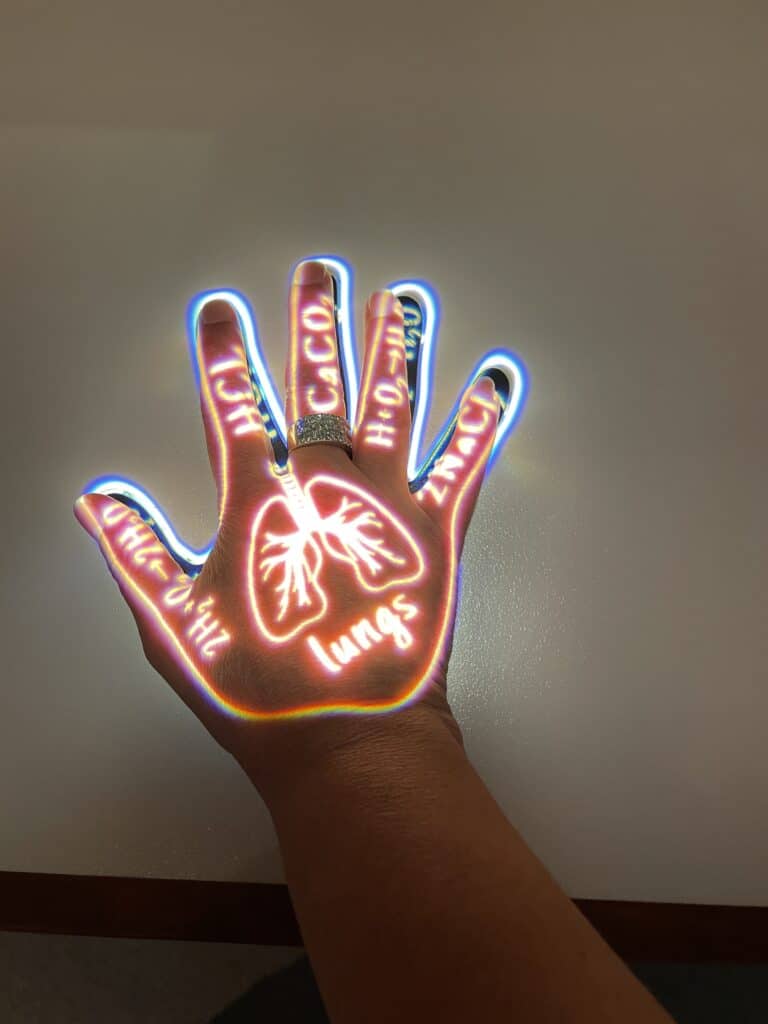 Tonya's hand with a henna image in Malala's exhibit