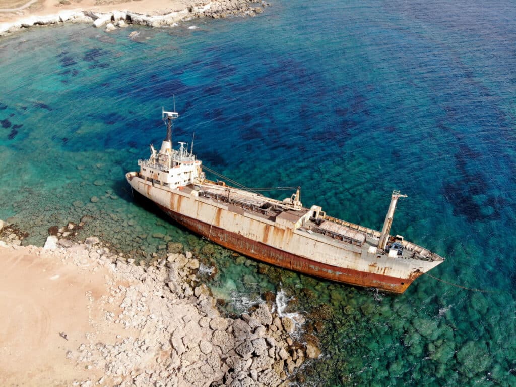 1 Aerial drone capture of the EDRO III shipwreck stranded on Cyprus west coast scaled