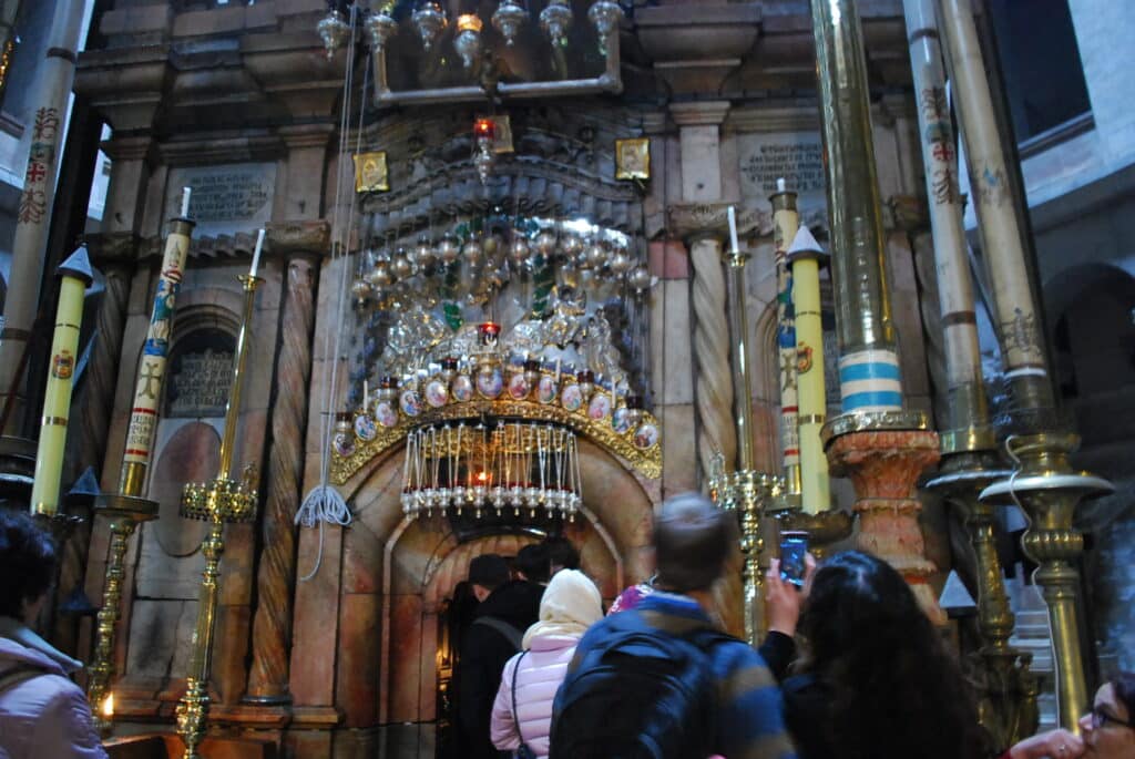 The ornately decorated facade of the Aedicule--a small chapel housing the Holy Sepulchre. It has two rooms – one holds the Angel's Stone, believed to be a fragment of the stone that sealed Jesus's tomb, the other is the tomb of Jesus. Photo: Tonya Fitzpatrick