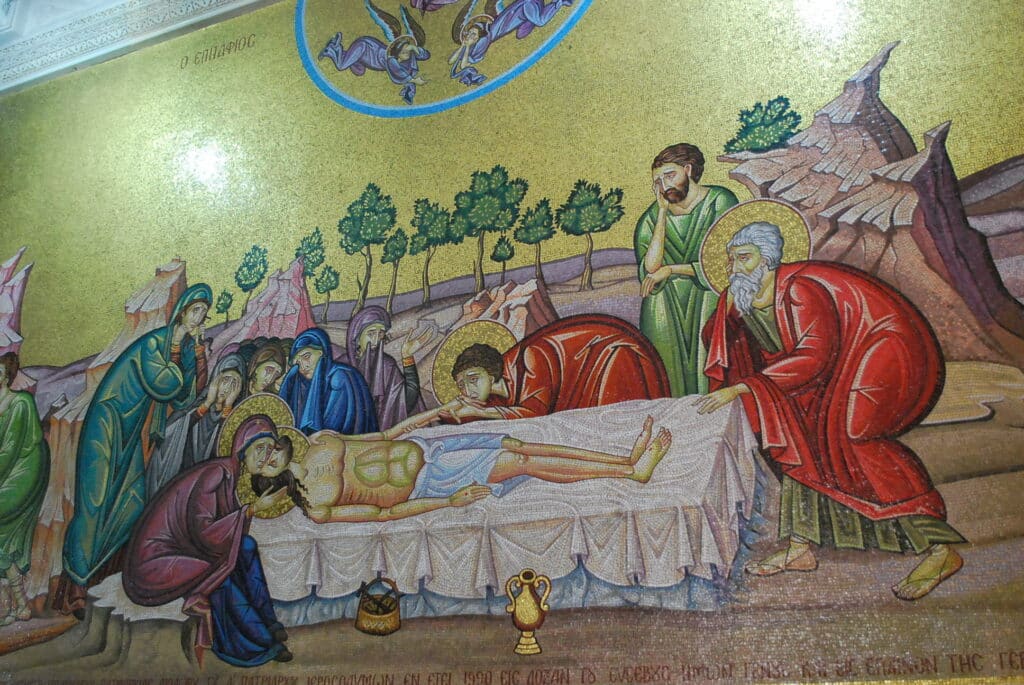 A mosaic depiction of Christ's body being prepared after his death, opposite the Stone of Anointing. Photo: Tonya Fitzpatrick