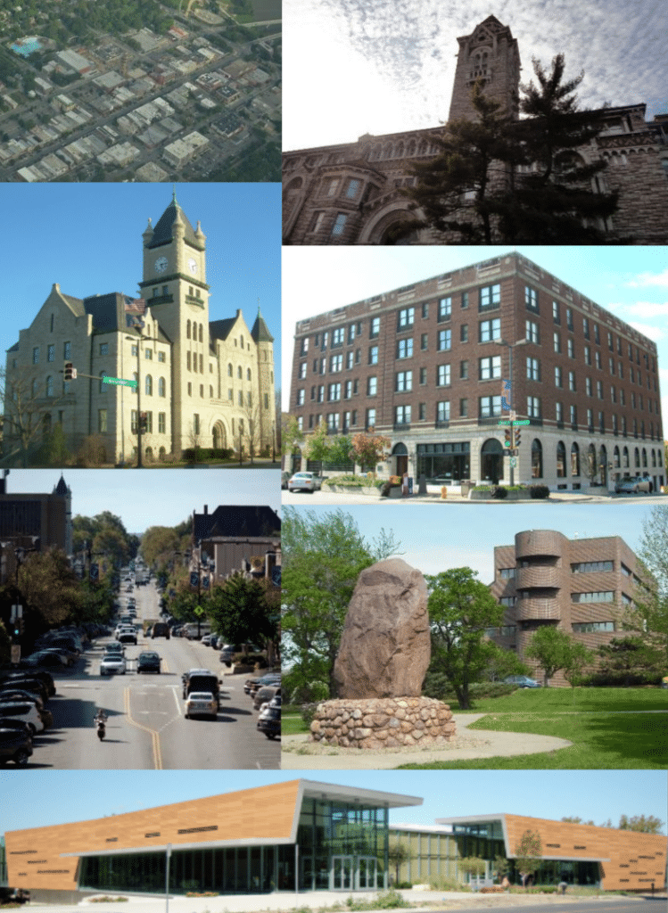 City of Lawrence Kansas montage. Lawrence, Kansas. Clockwise from top-right: Dyche Hall, Eldridge Hotel, Shunganunga Boulder, Lawrence Public Library, Massachusetts Street, Douglas County Courthouse, aerial view of city.