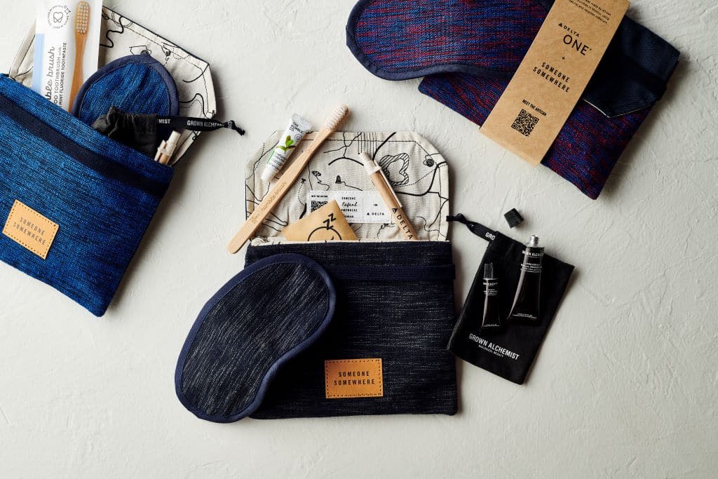 Amenity kits woven by Mexican artisans come in 5 patterns. Credit Delta Air Lines