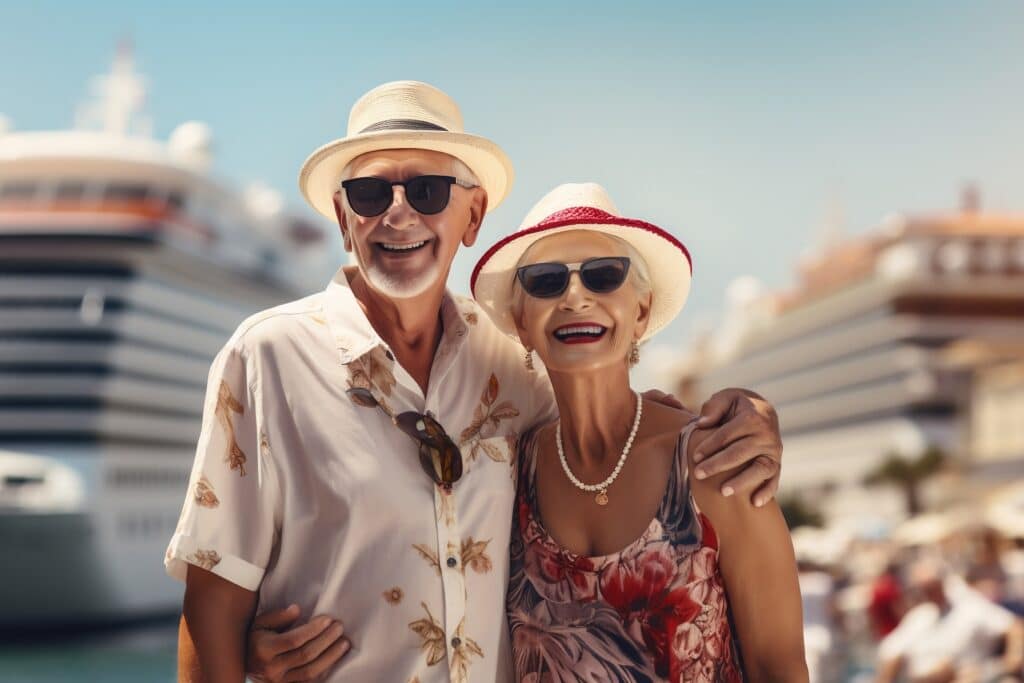 Active seniors on vacation with a cruise ship in the background. AI
